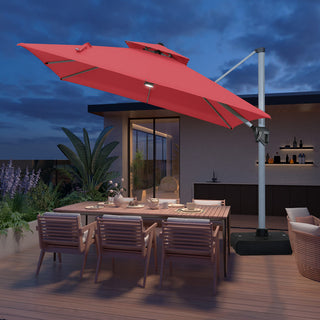 11ft Square Double-Tier Patio Umbrella with LED Lights – Red & Grey Outdoor Market Umbrella (Base Not Included)