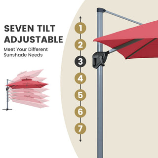 11ft Square Double-Tier Patio Umbrella with LED Lights – Red & Grey Outdoor Market Umbrella (Base Not Included)