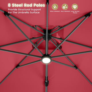 11ft Square Double-Tier Patio Umbrella with LED Lights – Red & Grey Outdoor Market Umbrella (Base Not Included)