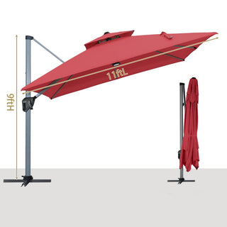 11ft Square Double-Tier Patio Umbrella with LED Lights – Red & Grey Outdoor Market Umbrella (Base Not Included)