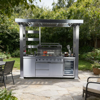 94-Inch 6-Burner 85000 BTU Outdoor Kitchen Island Grill | Stainless Steel BBQ with Wine Cooler, Rotisserie, Granite Countertop & Storage Cabinets