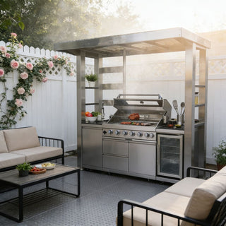 94-Inch 6-Burner 85000 BTU Outdoor Kitchen Island Grill | Stainless Steel BBQ with Wine Cooler, Rotisserie, Granite Countertop & Storage Cabinets