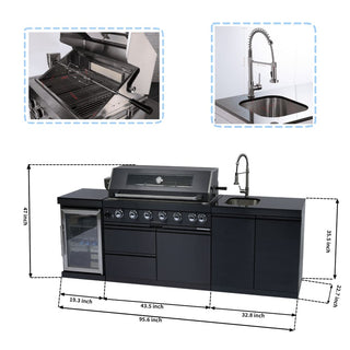 43-Inch Deluxe Outdoor Kitchen BBQ Island Grill, 6-Burner 85,000 BTU Stainless Steel Gas Grill with Wine Cooler, Refrigerator, Rotisserie Kit, Granite Countertop & Sink