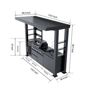 110-Inch 4-Burner 72000 BTU Outdoor Kitchen Island Grill | Stainless Steel BBQ with Wine Cooler, Rotisserie, Granite Countertop & Storage