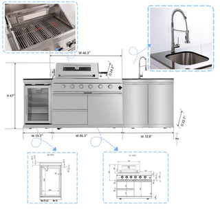46-Inch Deluxe Outdoor Kitchen BBQ Island Grill, 4-Burner 72,000 BTU Stainless Steel with Wine Cooler, Refrigerator, Rotisserie, Granite Countertop & Storage Cabinets