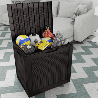 30 Gal. Wicker Resin Storage Deck Box, Black/Light Brown, for Outdoor & Indoor Use, Weather-Resistant