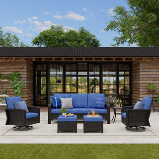 7-Piece PE Wicker Patio Furniture Set with 3-Seat Sofa, 2 Swivel Chairs, 2 Ottomans & Side Table, Durable Outdoor Conversation Set with Fade-Resistant Frame