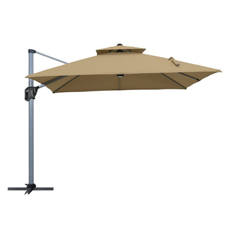 11ft Square Double-Tier Patio Umbrella with LED Lights – Red & Grey Outdoor Market Umbrella (Base Not Included)