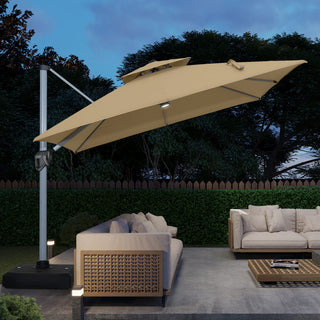 11ft Square Double-Tier Patio Umbrella with LED Lights – Red & Grey Outdoor Market Umbrella (Base Not Included)