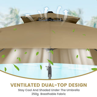 11ft Square Double-Tier Patio Umbrella with LED Lights – Red & Grey Outdoor Market Umbrella (Base Not Included)