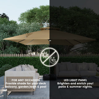 11ft Square Double-Tier Patio Umbrella with LED Lights – Red & Grey Outdoor Market Umbrella (Base Not Included)