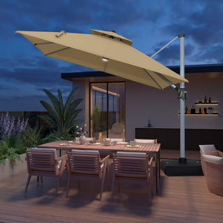 11ft Square Double-Tier Patio Umbrella with LED Lights – Red & Grey Outdoor Market Umbrella (Base Not Included)