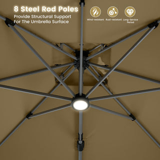 11ft Square Double-Tier Patio Umbrella with LED Lights – Red & Grey Outdoor Market Umbrella (Base Not Included)