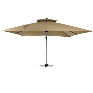 11ft Square Double-Tier Patio Umbrella with LED Lights – Red & Grey Outdoor Market Umbrella (Base Not Included)