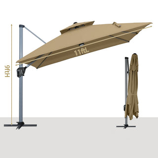 11ft Square Double-Tier Patio Umbrella with LED Lights – Red & Grey Outdoor Market Umbrella (Base Not Included)
