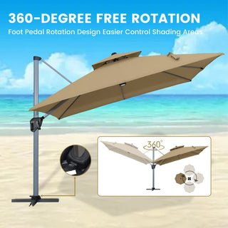 11ft Square Double-Tier Patio Umbrella with LED Lights – Red & Grey Outdoor Market Umbrella (Base Not Included)