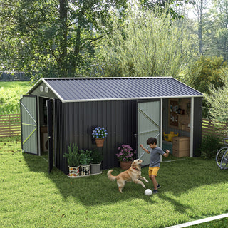10x12 FT Outdoor Metal Storage Shed, Large Garden Shed with Sturdy Frame & Lockable Door, Weather-Resistant Tool Storage Shed for Backyard, Dark Gray/Brown