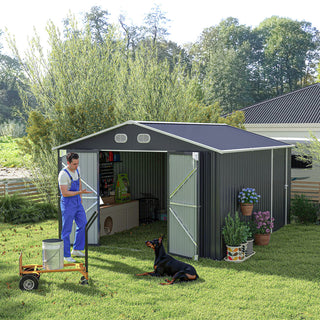 10x12 FT Outdoor Metal Storage Shed, Large Garden Shed with Sturdy Frame & Lockable Door, Weather-Resistant Tool Storage Shed for Backyard, Dark Gray/Brown