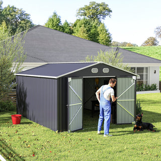 10x12 FT Outdoor Metal Storage Shed, Large Garden Shed with Sturdy Frame & Lockable Door, Weather-Resistant Tool Storage Shed for Backyard, Dark Gray/Brown