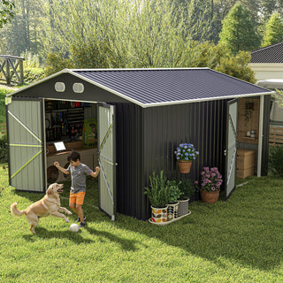 10x12 FT Outdoor Metal Storage Shed, Large Garden Shed with Sturdy Frame & Lockable Door, Weather-Resistant Tool Storage Shed for Backyard, Dark Gray/Brown