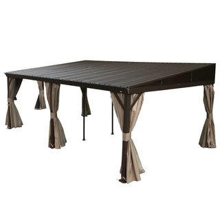 Hardtop Wall Mounted Gazebo with Sloping Galvanized Steel Roof, Aluminum Frame, Drainage System, Curtains and Netting, for Patio, Deck, Garden, Backyard