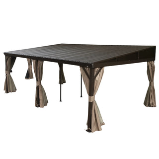 Hardtop Wall Mounted Gazebo with Sloping Galvanized Steel Roof, Aluminum Frame, Drainage System, Curtains and Netting, for Patio, Deck, Garden, Backyard