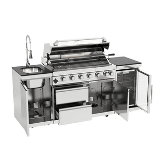 44-Inch Deluxe 6-Burner 85,000 BTU Stainless Steel Outdoor Kitchen Island Grill With Wine Cooler, Rotisserie & Granite Countertops