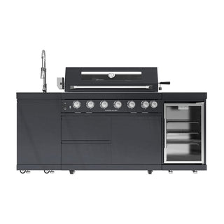 43-Inch 6-Burner 85000 BTU Deluxe Stainless Steel Gas Outdoor Kitchen Bar Barbecue Island Grill + Wine Cooler Compact Refrigerator + Rotisserie kit + Granite Countertops + Stainless steel Sink