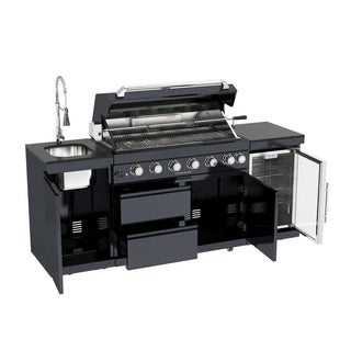 43-Inch 6-Burner 85000 BTU Deluxe Stainless Steel Gas Outdoor Kitchen Bar Barbecue Island Grill + Wine Cooler Compact Refrigerator + Rotisserie kit + Granite Countertops + Stainless steel Sink