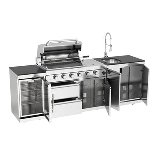 46-Inch 4-Burner 72,000 BTU Stainless Steel Outdoor Kitchen Island Grill With Wine Cooler, Rotisserie, Granite Countertops & Storage Cabinets