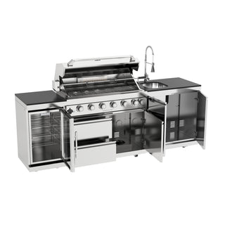 43-Inch 6-Burner 85,000 BTU Stainless Steel Outdoor Kitchen Island Grill With Wine Cooler, Rotisserie, Granite Countertops & Storage Cabinets