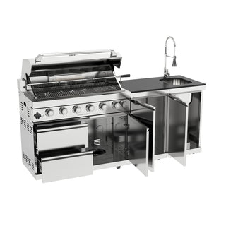 43-Inch Deluxe 6-Burner 85,000 BTU Stainless Steel Outdoor Kitchen Island Grill With Rotisserie, Sink & Granite Countertops