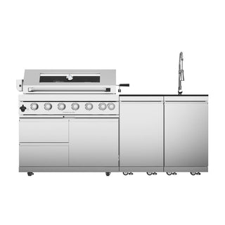 43-Inch Deluxe 6-Burner 85,000 BTU Stainless Steel Outdoor Kitchen Island Grill With Rotisserie, Sink & Granite Countertops