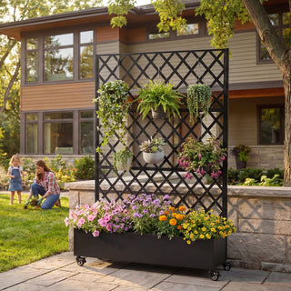 Metal Raised Garden Bed with Wheels & Trellis – 73"x47"x16" Planter Box for Climbing Plants, Vegetables & Vines, with Privacy Screen & Drainage Holes