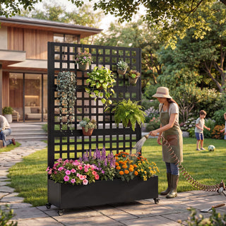 Metal Raised Garden Bed with Wheels & Trellis – 73"x47"x16" Rolling Planter Box for Climbing Plants, Vegetables & Vines with Privacy Screen & Drainage Holes