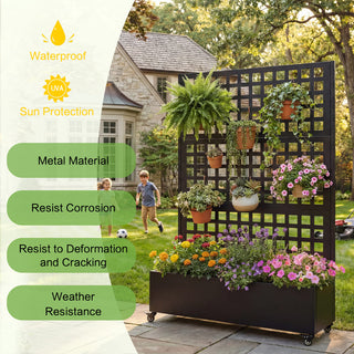 Metal Raised Garden Bed with Wheels & Trellis – 73"x47"x16" Rolling Planter Box for Climbing Plants, Vegetables & Vines with Privacy Screen & Drainage Holes