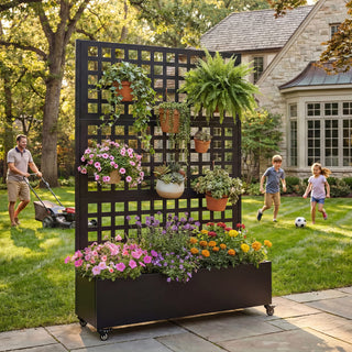 Metal Raised Garden Bed with Wheels & Trellis – 73"x47"x16" Rolling Planter Box for Climbing Plants, Vegetables & Vines with Privacy Screen & Drainage Holes