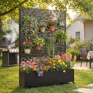 Metal Raised Garden Bed with Wheels & Trellis – 73"x47"x16" Rolling Planter Box for Climbing Plants, Vegetables & Vines with Privacy Screen & Drainage Holes