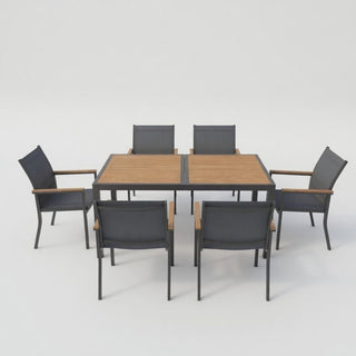 7-Piece Outdoor Patio Dining Set: Grey Aluminum Table (with HDPE Slat Tabletop) and 6 All-Weather Textilene Mesh Chairs