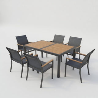 7-Piece Outdoor Patio Dining Set: Grey Aluminum Table (with HDPE Slat Tabletop) and 6 All-Weather Textilene Mesh Chairs