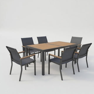 7-Piece Outdoor Patio Dining Set: Grey Aluminum Table (with HDPE Slat Tabletop) and 6 All-Weather Textilene Mesh Chairs