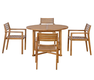5-Piece Acacia Wood Outdoor Dining Set, Round Slatted Table & 4 Patio Chairs for Garden Pool Lawn Indoor