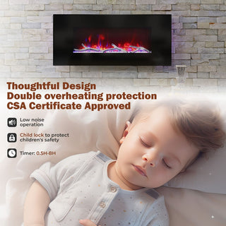 42/50/60/72 Inch Wall-Mounted Black Electric Fireplace Insert-5120 BTU with 2-Speaker Stereo Sound