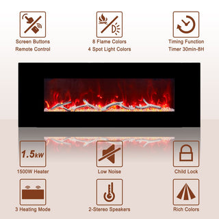 42/50/60/72 Inch Wall-Mounted Black Electric Fireplace Insert-5120 BTU with 2-Speaker Stereo Sound
