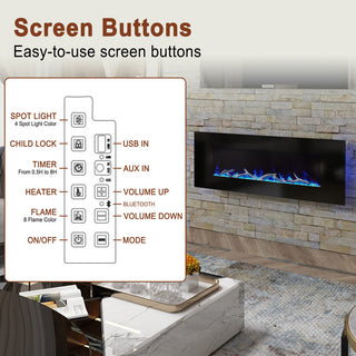 42/50/60/72 Inch Wall-Mounted Black Electric Fireplace Insert-5120 BTU with 2-Speaker Stereo Sound