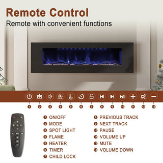 42/50/60/72 Inch Wall-Mounted Black Electric Fireplace Insert-5120 BTU with 2-Speaker Stereo Sound