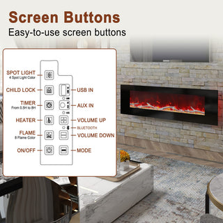 42/50/60/72 Inch Wall-Mounted Black Electric Fireplace Insert-5120 BTU with 2-Speaker Stereo Sound