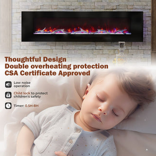 42/50/60/72 Inch Wall-Mounted Black Electric Fireplace Insert-5120 BTU with 2-Speaker Stereo Sound