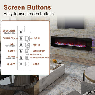 42/50/60/72 Inch Wall-Mounted Black Electric Fireplace Insert-5120 BTU with 2-Speaker Stereo Sound