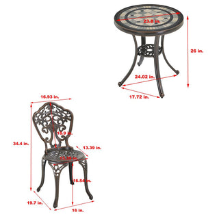 3-Piece White/Bronze Cast Aluminum Outdoor Bistro Set with Round Ceramic Tile Tabletop & 2 Armless Chairs for Patio, Garden & Balcony
